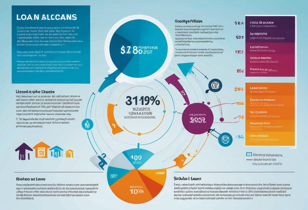 An engaging infographic showcasing various loan types, featuring a visually striking split between fixed-rate and adjustable-rate loans. Include dynamic icons representing interest rates, graphs showing stability vs. fluctuations, and brief descriptions of each option. Use a clean layout with contrasting colors to enhance readability. Elements should be interconnected to convey relationships between loan types. vector art. vibrant colors. clean design.
