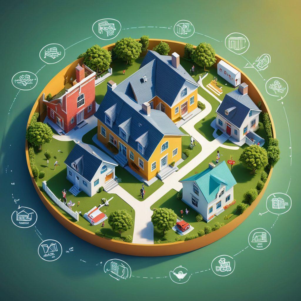 A detailed and visually stunning representation of a home mortgage maze, featuring various paths labeled with different rates, loans, and budget icons. In the center, a family discussing together, symbolizing teamwork and decision-making. Surrounding the maze, elements like dollar signs, house icons, and financial charts can be integrated. Bright colors and engaging graphics make it inviting and informative. vector art. vibrant colors.